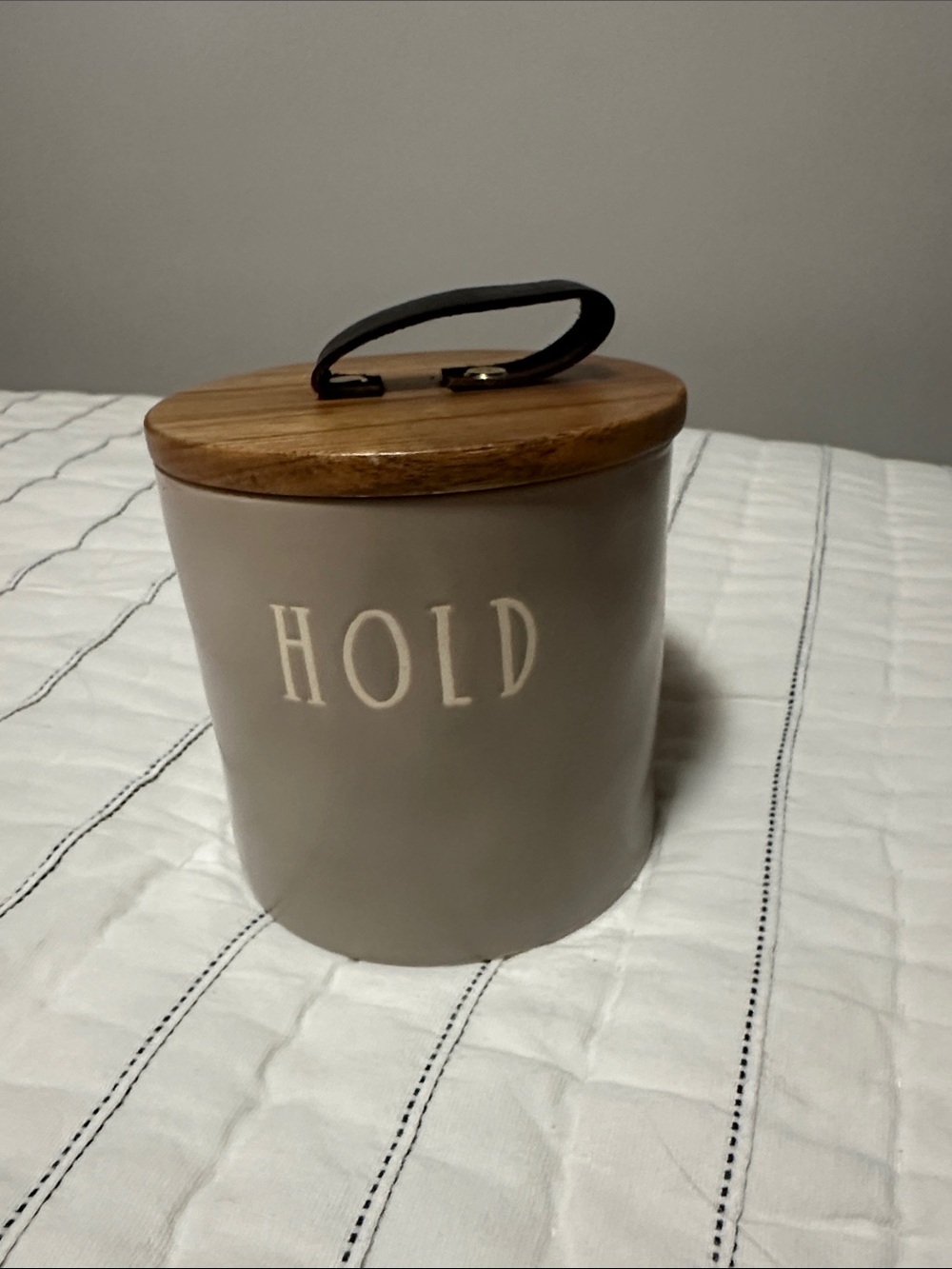 Rae Dunn ‘HOLD' Ceramic Storage Jar with Wood Lid